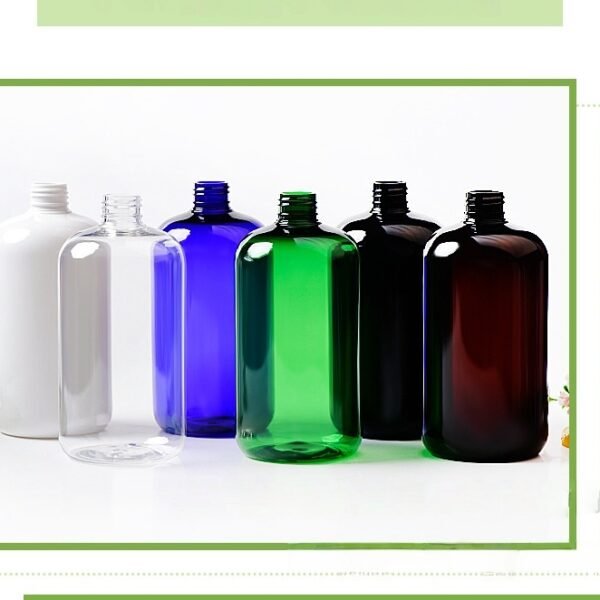 Short and chubby cosmetic dispensing PET plastic bottles in blue green brown black white and transparent colors